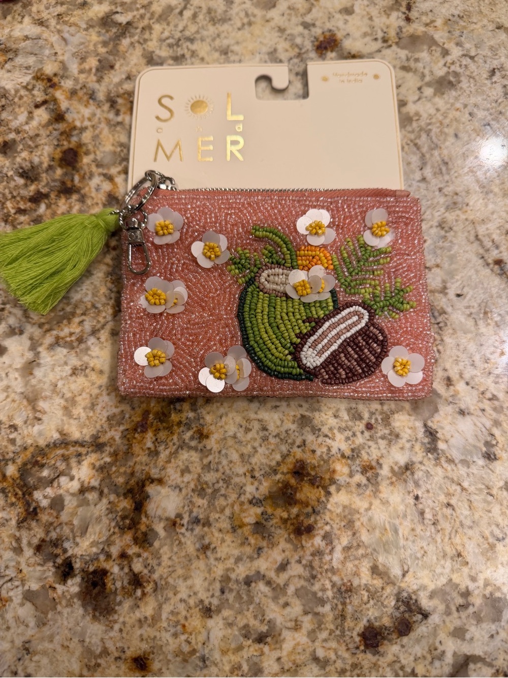 Pink Beaded Floral Coconut Coin Pouch with Green Tassel and keychain